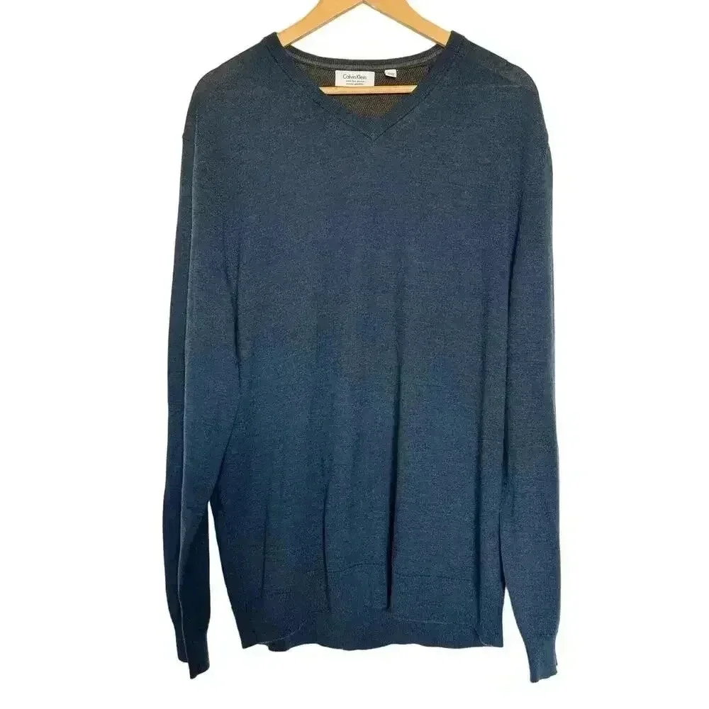 Calvin Klein 100% Extra Fine Merino Wool Sweater Mens XL Blue V-Neck